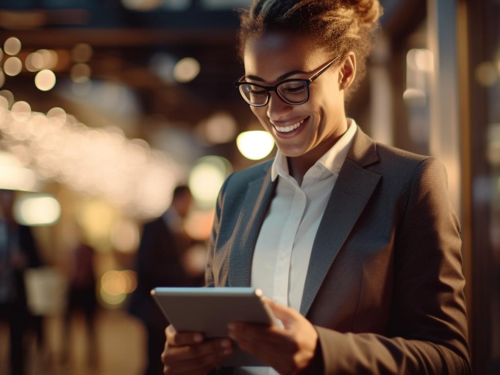 Empresária dentro da sua empresa, com tablet na mão, sorrindo e pesquisando seu perfil financeiro