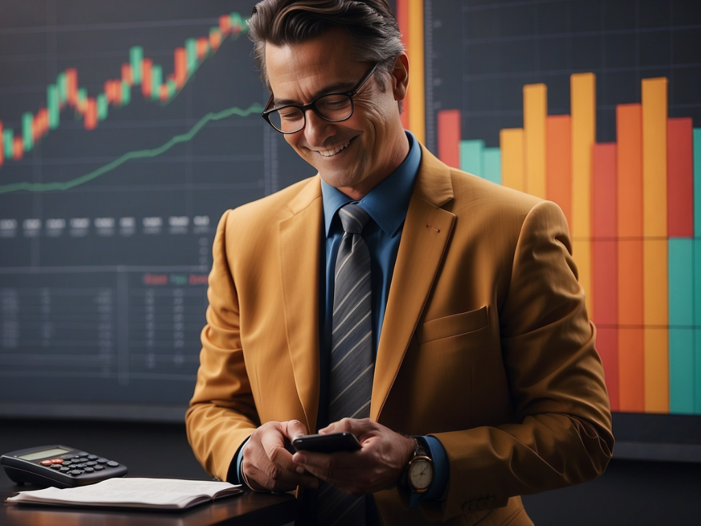 Um homem de negócios de terno dourado, segurando uma calculadora na mão, sorrindo. Ao fundo, gráficos.