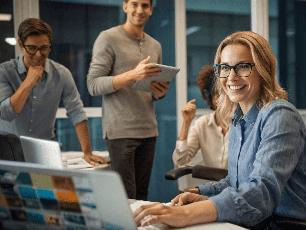 Uma empresária sentada em seu escritório, conversando com sua equipe financeira enquanto mostra uma solução para capital de giro através de um empréstimo