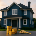 Uma imagem de uma casa com moedas e chaves em primeiro plano, ilustrando que com o home equity você usa seu imóvel para levantar crédito barato