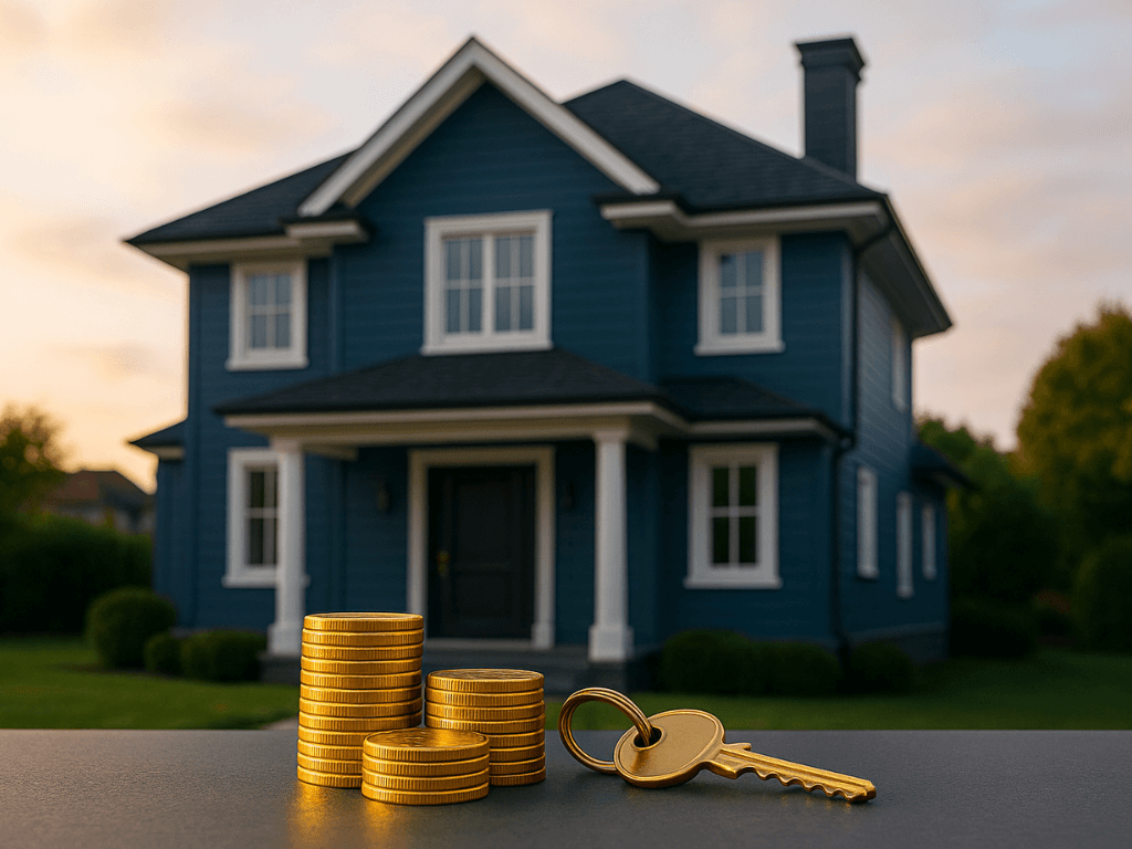 Uma imagem de uma casa com moedas e chaves em primeiro plano, ilustrando que com o home equity você usa seu imóvel para levantar crédito barato