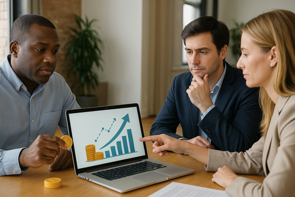 Linhas de crédito empresarial analisadas por um grupo de profissionais que observam gráficos de crescimento em um notebook durante uma reunião.