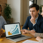 Linhas de crédito empresarial analisadas por um grupo de profissionais que observam gráficos de crescimento em um notebook durante uma reunião.