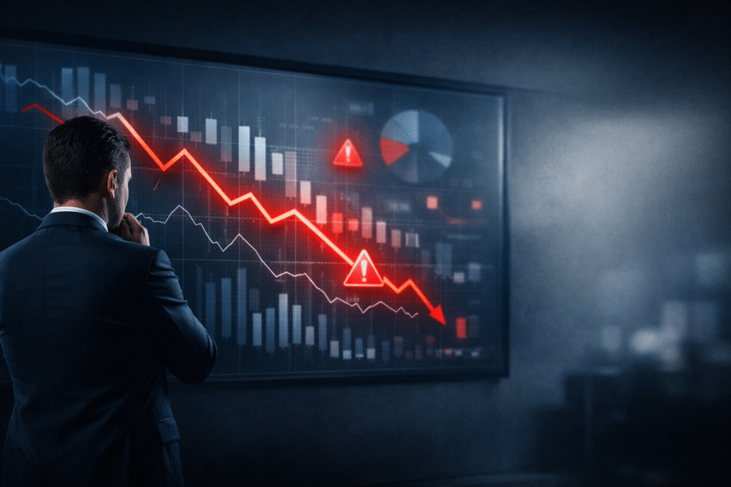 Fluxo de caixa empresarial em risco, ilustrado por executivo analisando gráficos financeiros em queda e indicadores de alerta em um ambiente corporativo moderno.