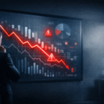 Fluxo de caixa empresarial em risco, ilustrado por executivo analisando gráficos financeiros em queda e indicadores de alerta em um ambiente corporativo moderno.