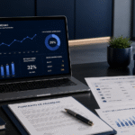 Mesa de escritório corporativo com notebook exibindo gráficos financeiros em tons de azul, documentos de análise e contrato de franquia, calculadora, caneca e caderno organizados em ambiente moderno e minimalista, ilustrando planejamento e decisão de investimento em franquias, relacionado a Melhores Franquias para Investir; imagem gerada com uso de IA.