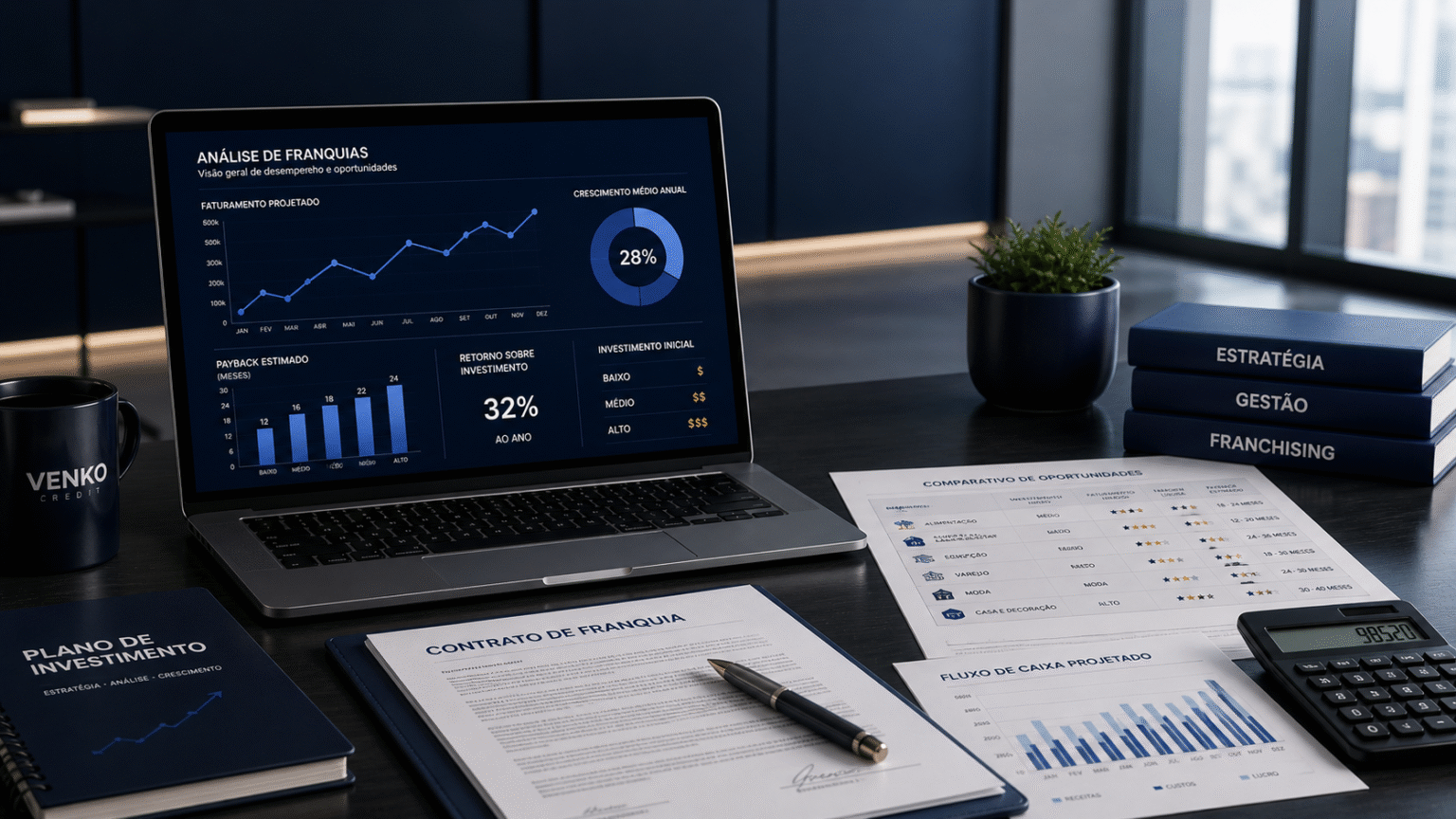 Mesa de escritório corporativo com notebook exibindo gráficos financeiros em tons de azul, documentos de análise e contrato de franquia, calculadora, caneca e caderno organizados em ambiente moderno e minimalista, ilustrando planejamento e decisão de investimento em franquias, relacionado a Melhores Franquias para Investir; imagem gerada com uso de IA.