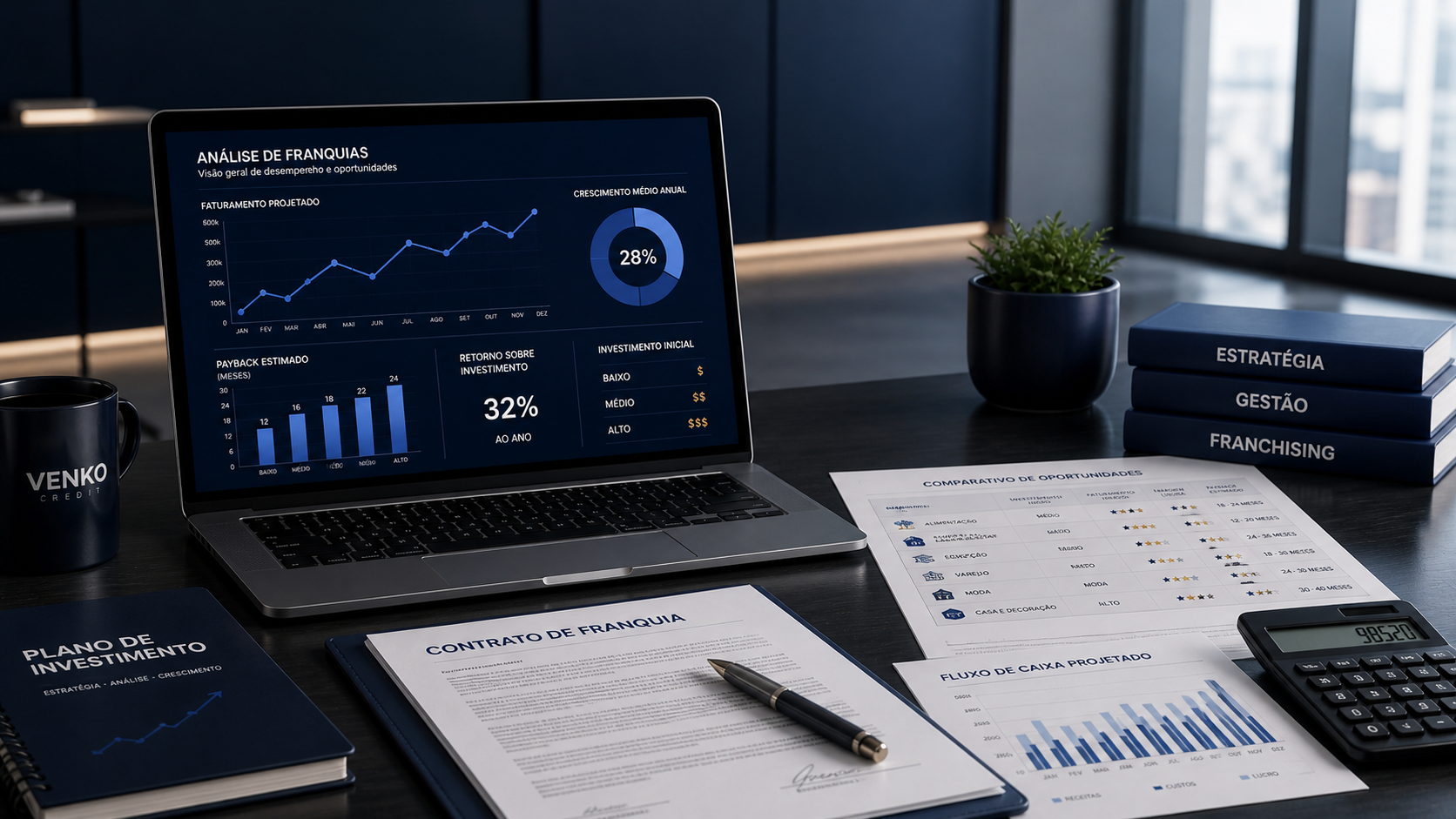 Mesa de escritório corporativo com notebook exibindo gráficos financeiros em tons de azul, documentos de análise e contrato de franquia, calculadora, caneca e caderno organizados em ambiente moderno e minimalista, ilustrando planejamento e decisão de investimento em franquias, relacionado a Melhores Franquias para Investir; imagem gerada com uso de IA.