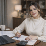 Mulher organizando a vida financeira em mesa de trabalho com notebook, calculadora e documentos, em imagem sobre organização financeira.