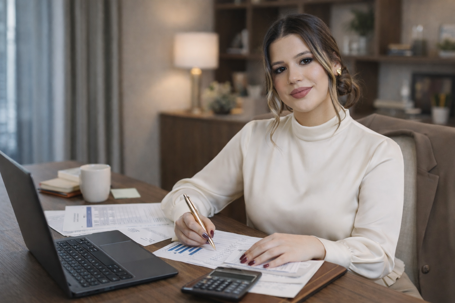 Mulher organizando a vida financeira em mesa de trabalho com notebook, calculadora e documentos, em imagem sobre organização financeira.