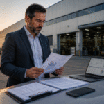 Empresário analisa documentos de capital de giro para empresa ao lado de um notebook em frente a um galpão industrial ao pôr do sol.