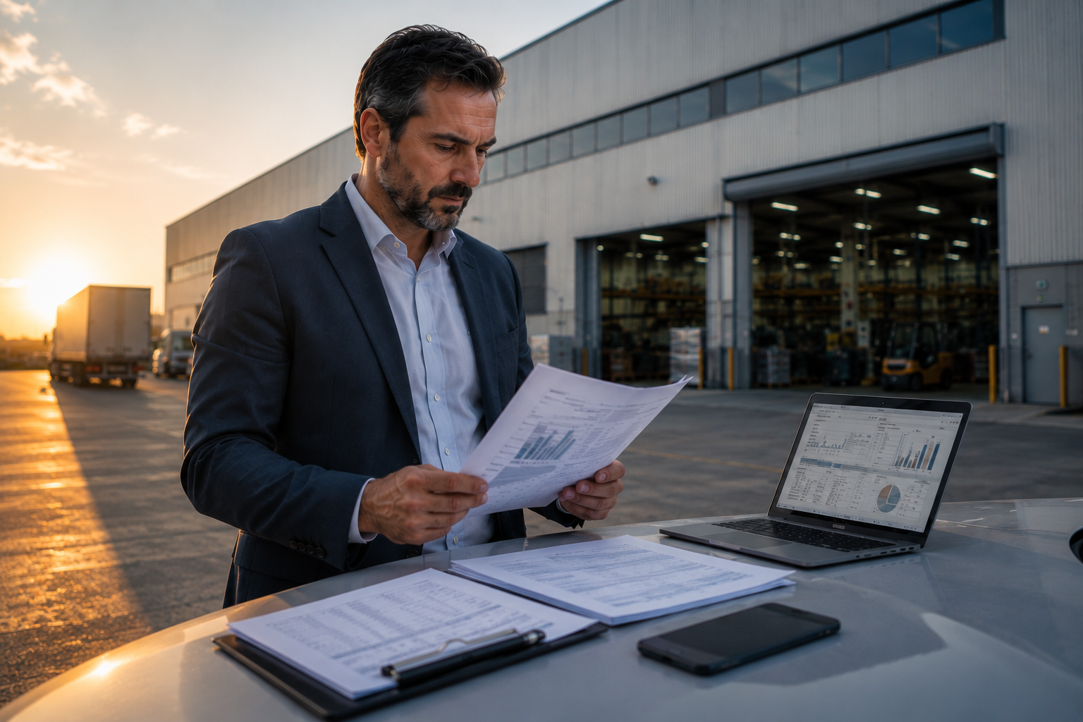 Empresário analisa documentos de capital de giro para empresa ao lado de um notebook em frente a um galpão industrial ao pôr do sol.